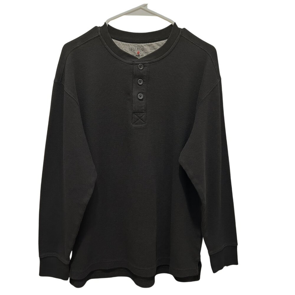 Red Head Henley Shirt Thermal Waffle Long Sleeve Pullover Men Medium Black